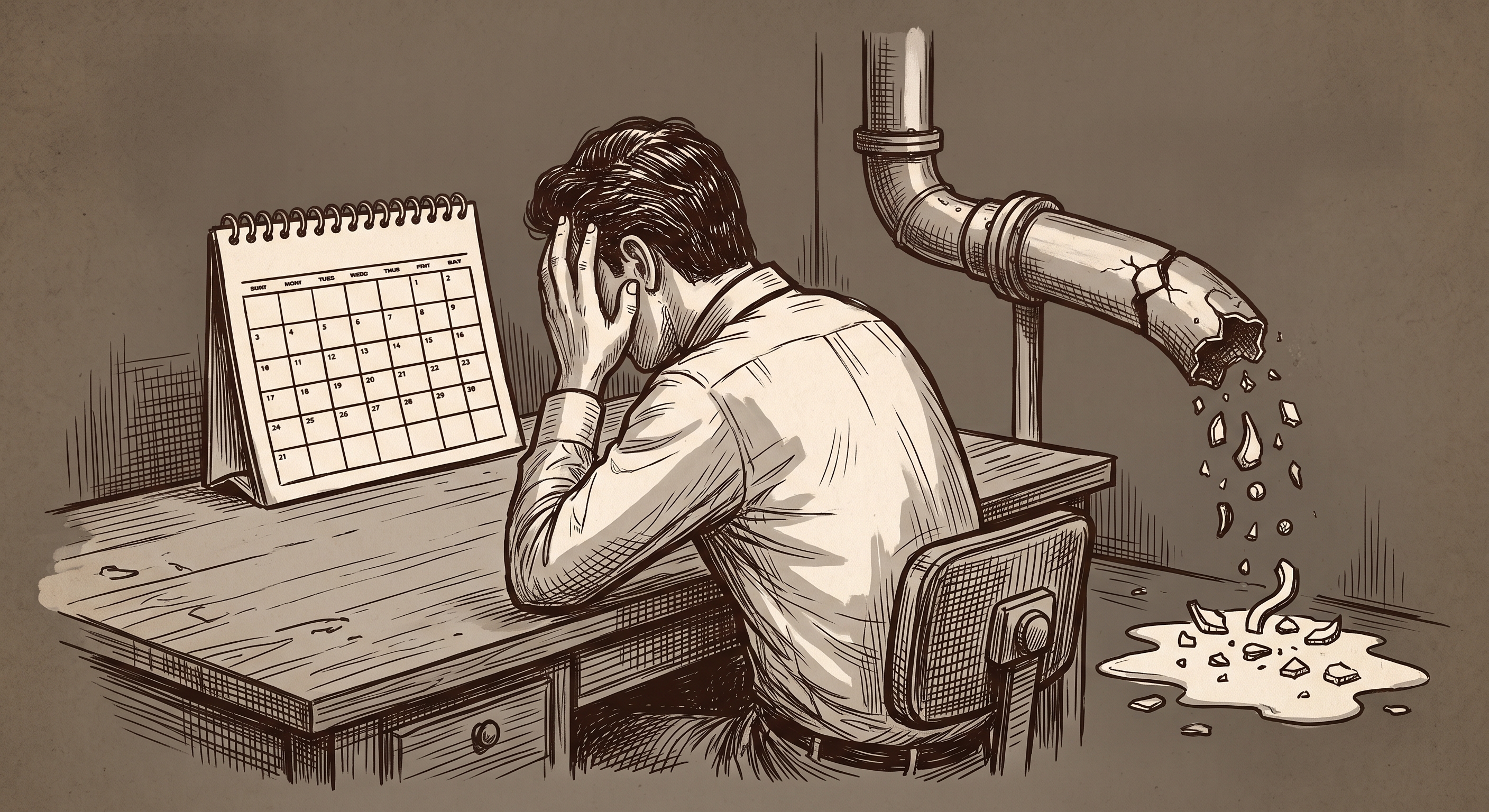 A business owner sits at his desk with his head in his hands while a broken pipe spills rubble, an illustration of how unpredictable client acquisition leaks money