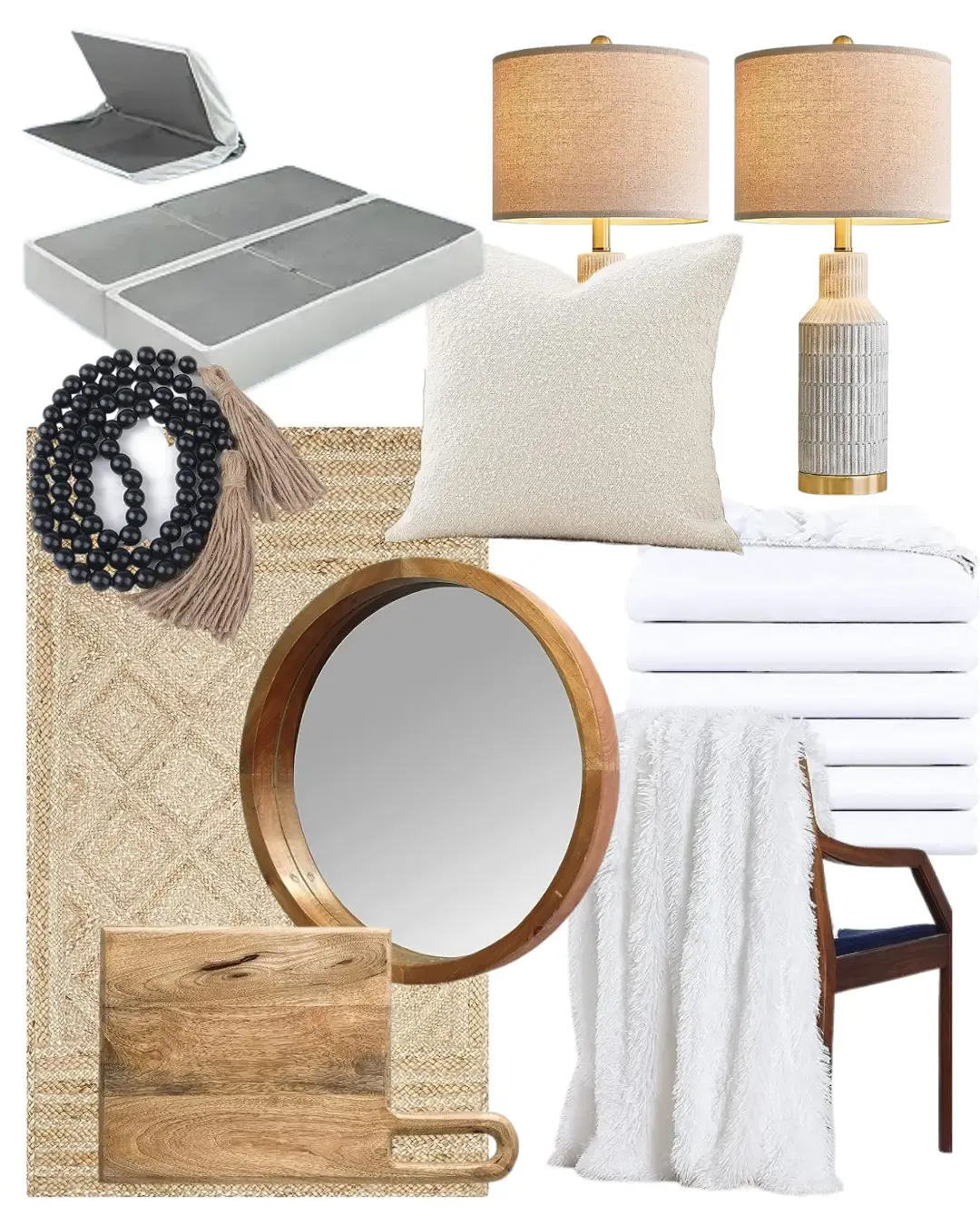 Amazon shopping finds for home stagers, a foldable box spring, lamps, neutral pillow, bedding linens, cutting board, mirror, jute rug, decorative beads