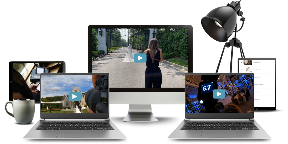 Shadow a Pro Wedding Photographer course mockup showing real wedding day video lessons across desktop, laptop, and tablet screens