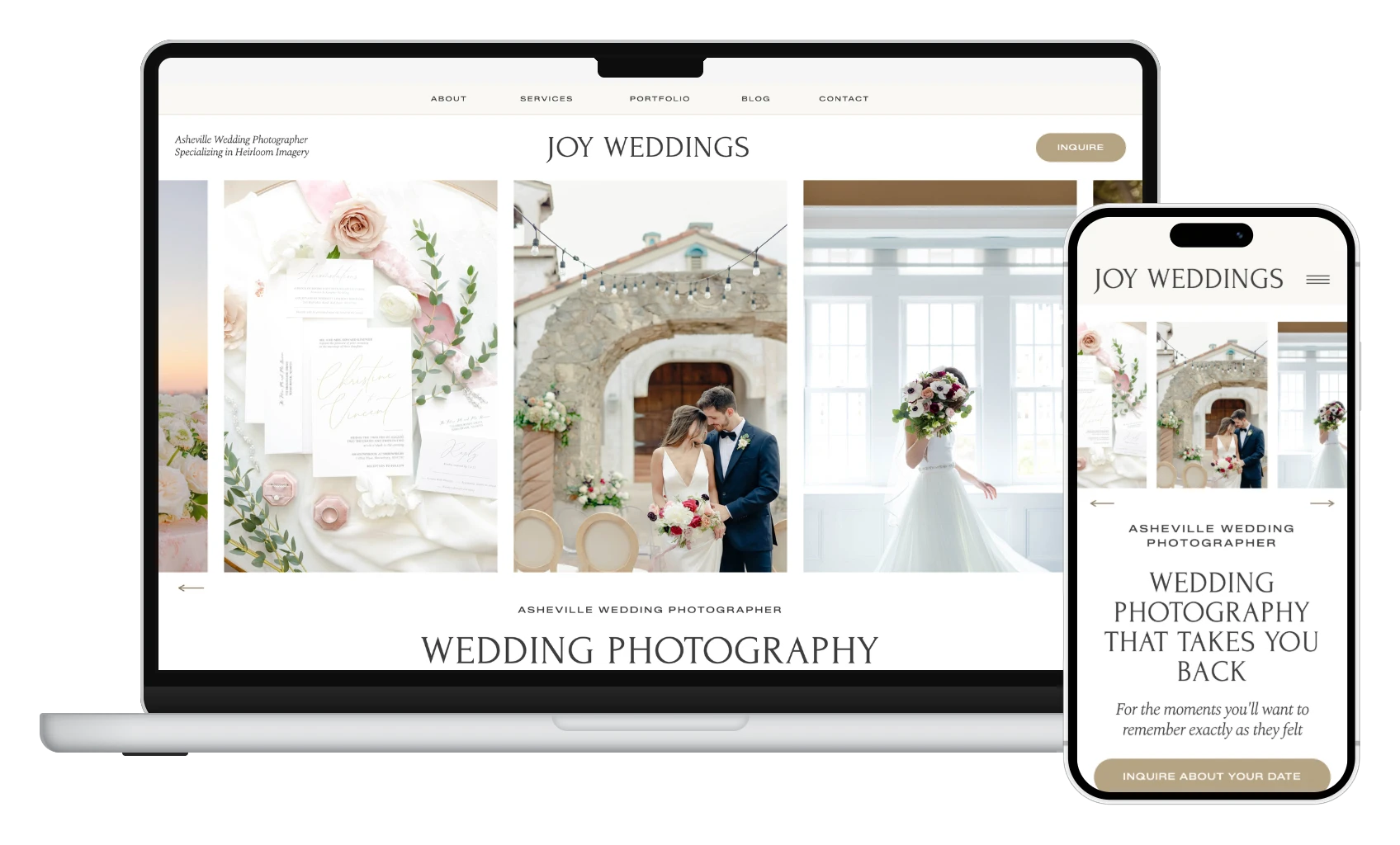 Joy Weddings website template home page on a MacBook and an iPhone