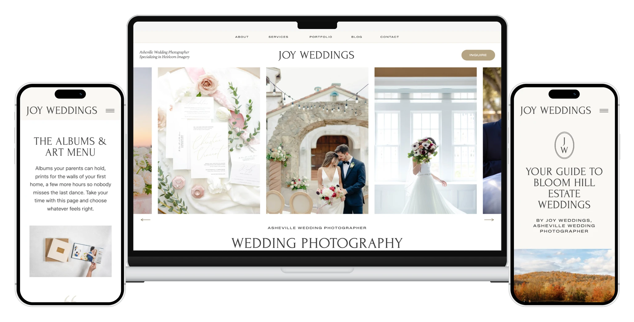 Joy Weddings website on a MacBook with the Albums & Art Menu and a venue guide on two iPhones