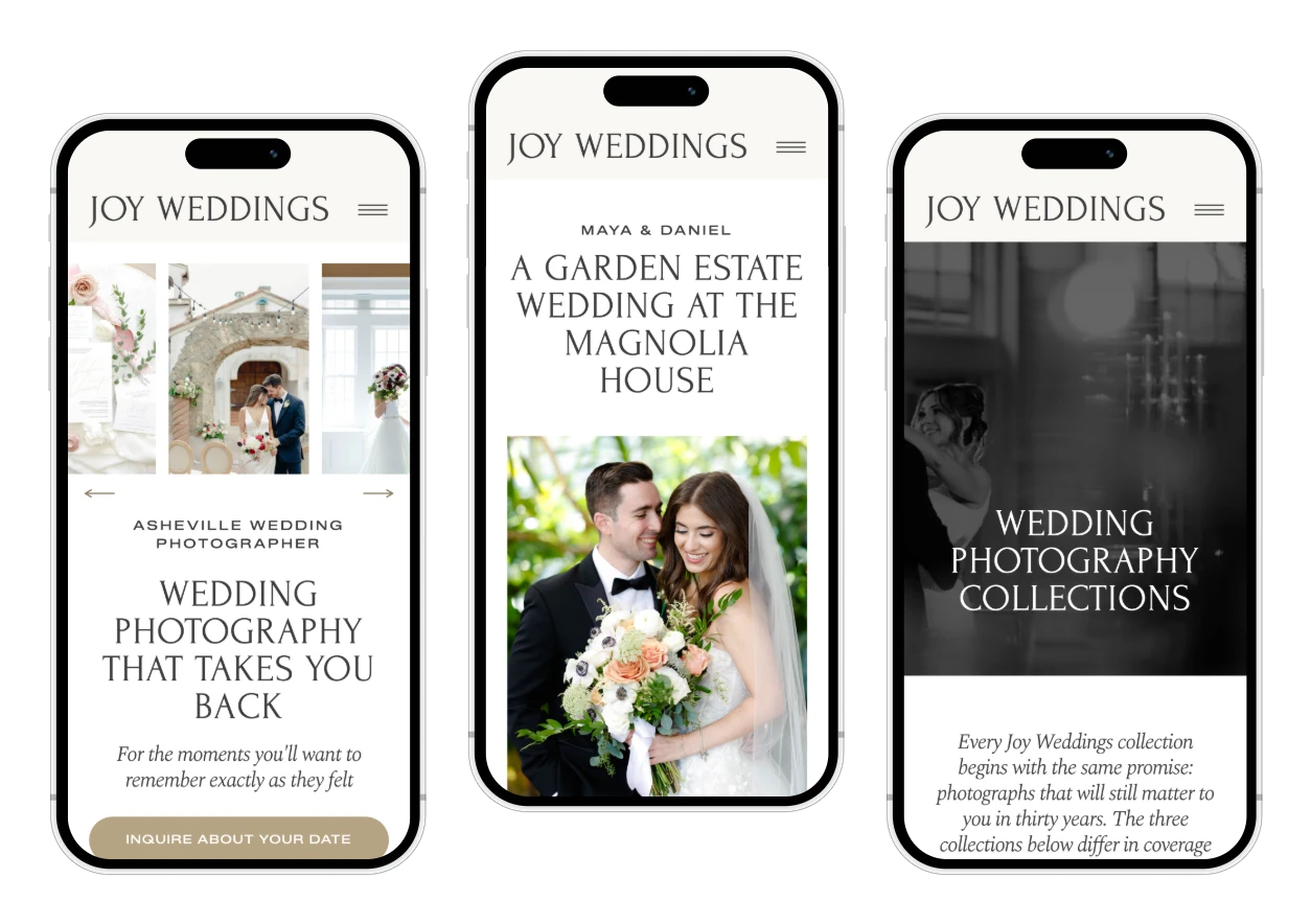 Joy Weddings template pages on iPhones: Home, Couple Gallery and Collections