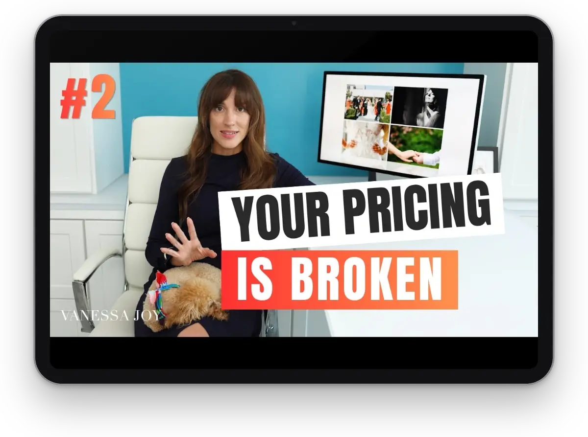 iPad showing the Wedding Photography Business Mastery lesson 2 video, with Vanessa Joy and the text Your Pricing Is Broken