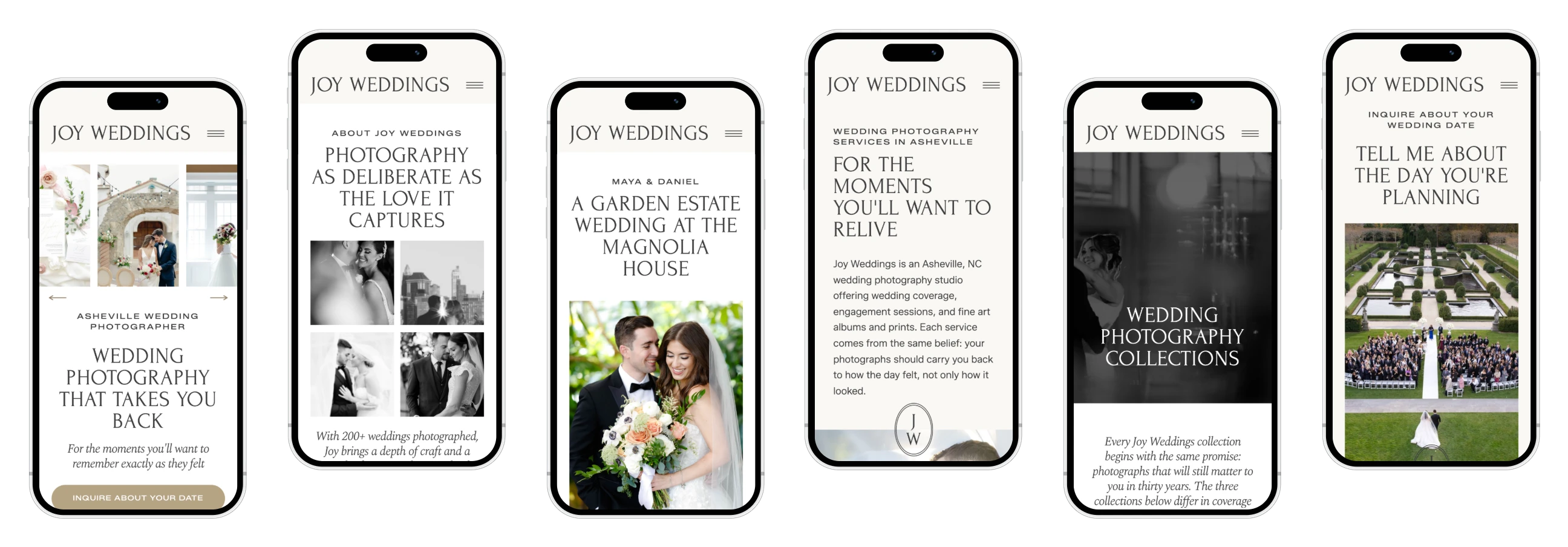 Joy Weddings template pages on iPhones: Home, About, Couple Gallery, Services, Collections and Contact