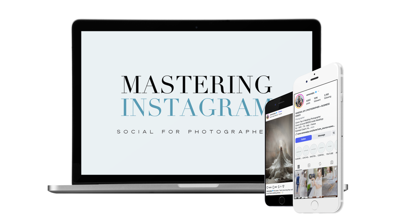 Mastering Instagram course mockup displayed on desktop, laptop, tablet, and phone