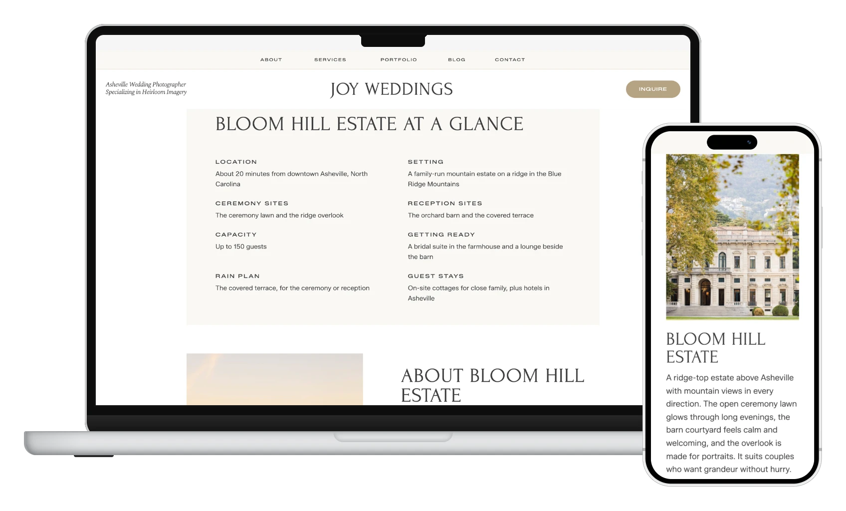Venue guide on a MacBook and a venue card from the Venues Hub on an iPhone
