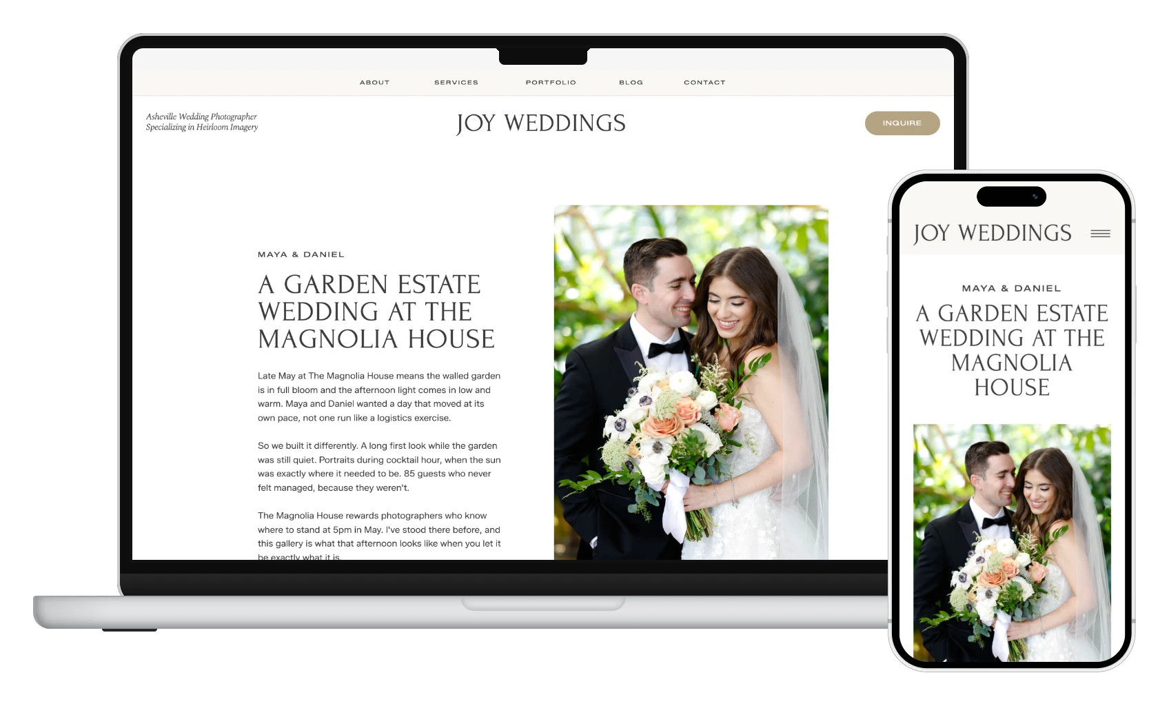 Couple Gallery page from the Joy Weddings Showit template on a MacBook and an iPhone