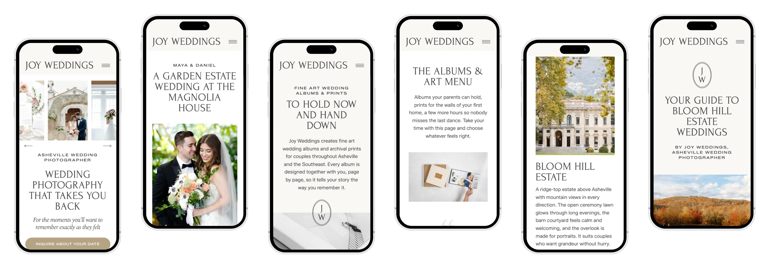 Joy Weddings Complete Bundle pages on iPhones: Home, Couple Gallery, Albums & Art, Albums & Art Menu, Venues Hub and a venue guide
