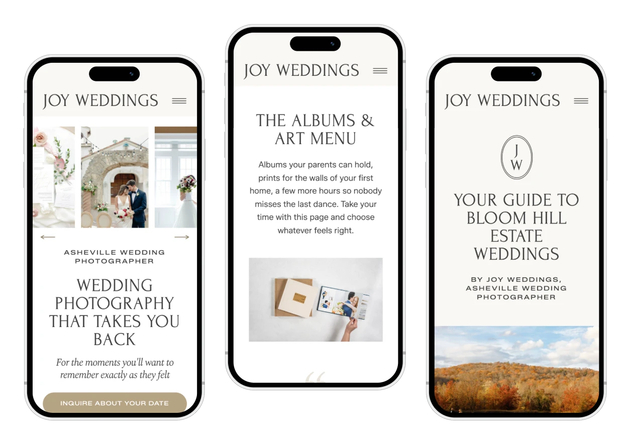 Joy Weddings Complete Bundle pages on iPhones: Home, Albums & Art Menu and a venue guide