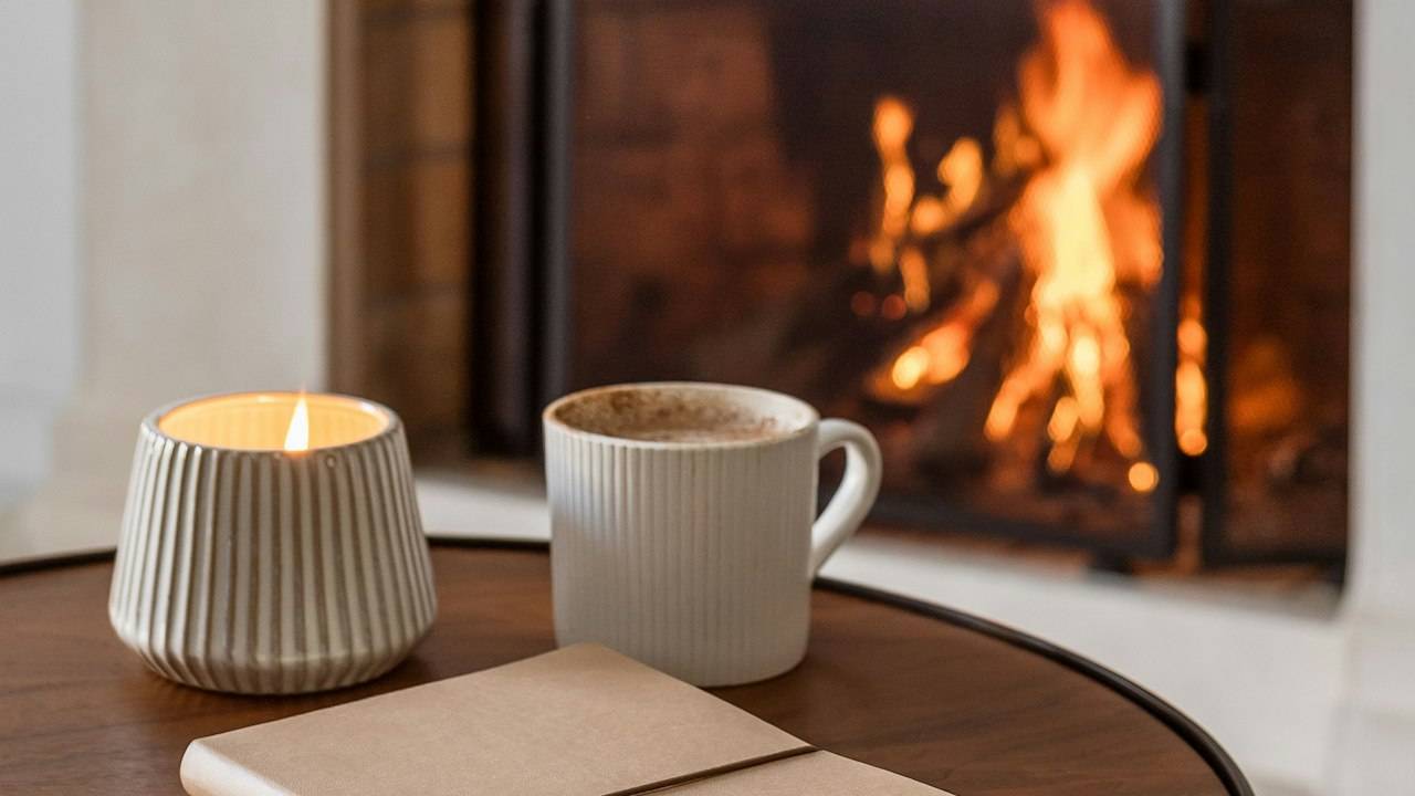 Notebook and coffee by a fireplace for quiet evening reflection
