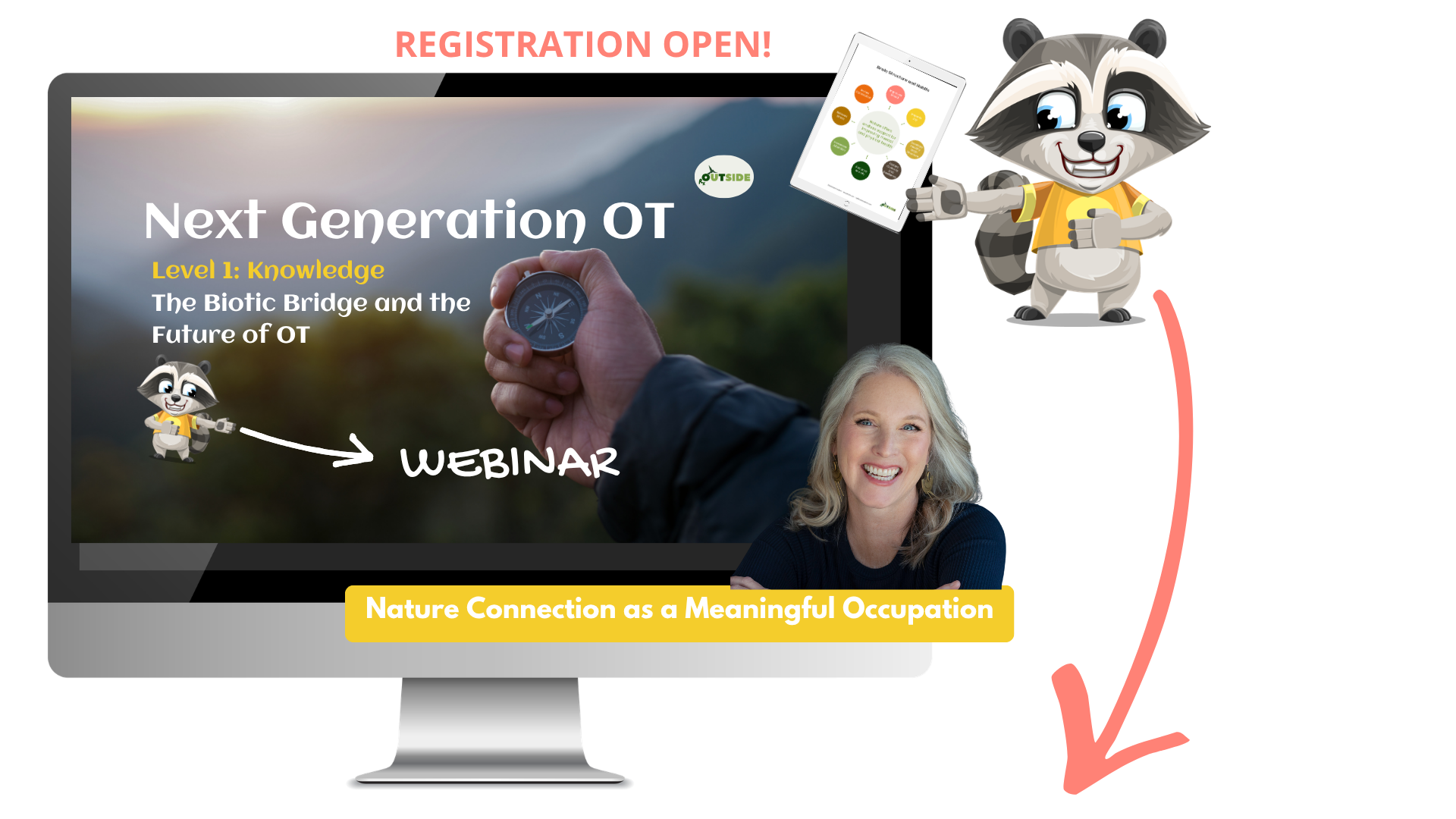 A digital toolkit display featuring worksheets, a laptop with a butterfly image, a tablet, and a smartphone showing a smiling Kathleen— showing the course contents.