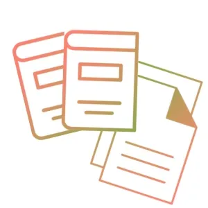Line art illustration on two books and a couple of sheets of paper representing all the training materilas available by Kathleen.