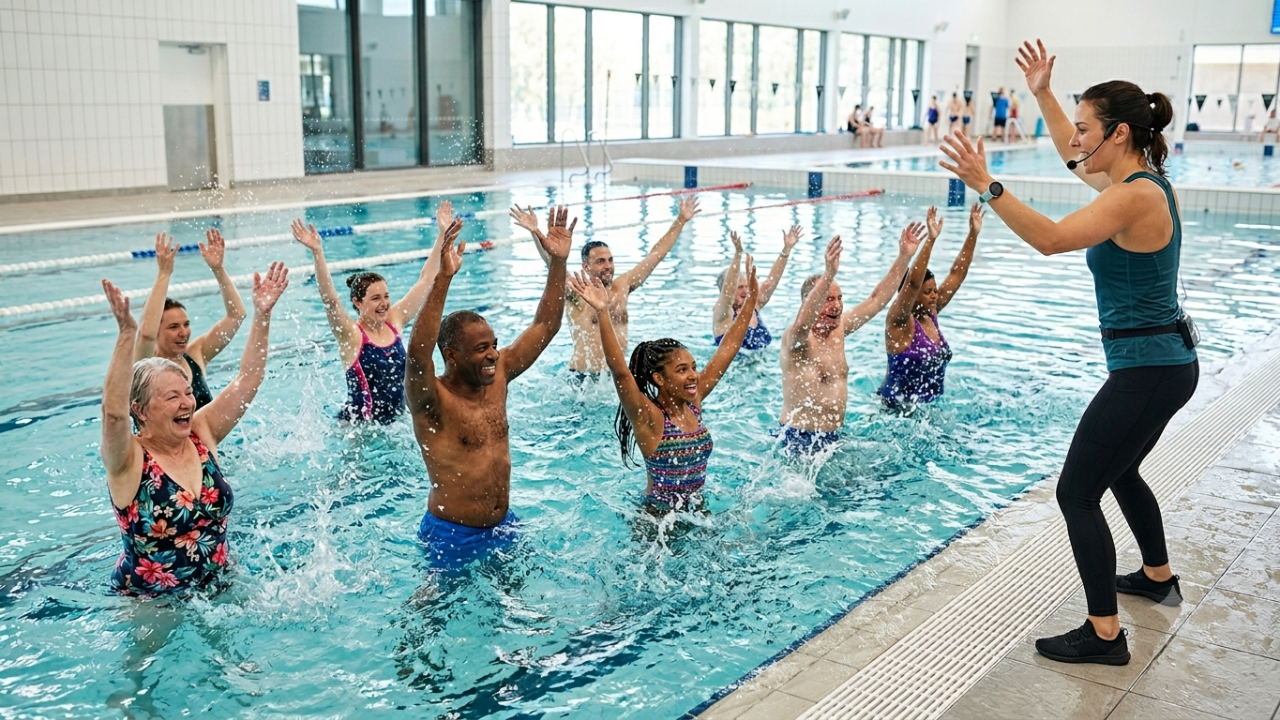 Participants splashing with raised arms during a dynamic water aerobics session in a modern indoor pool facility, led by a professional fitness coach.
