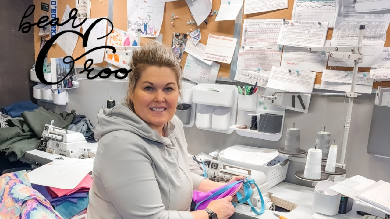 Ecommerce business owner Jen O’Rourke sewing made-to-order clothing for Bear and Roo in her studio.