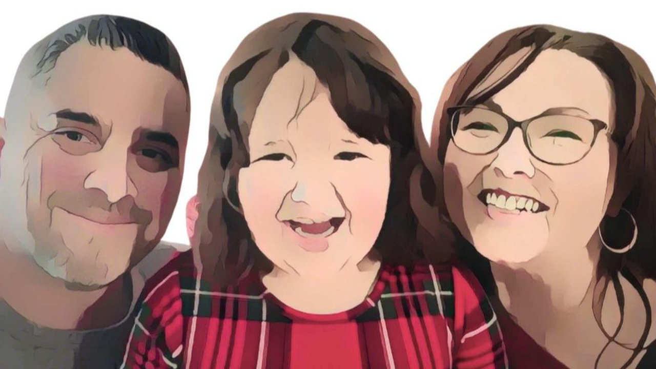 Illustrated portrait of a smiling family of three, with a child in the center wearing a red plaid shirt between two smiling adults.