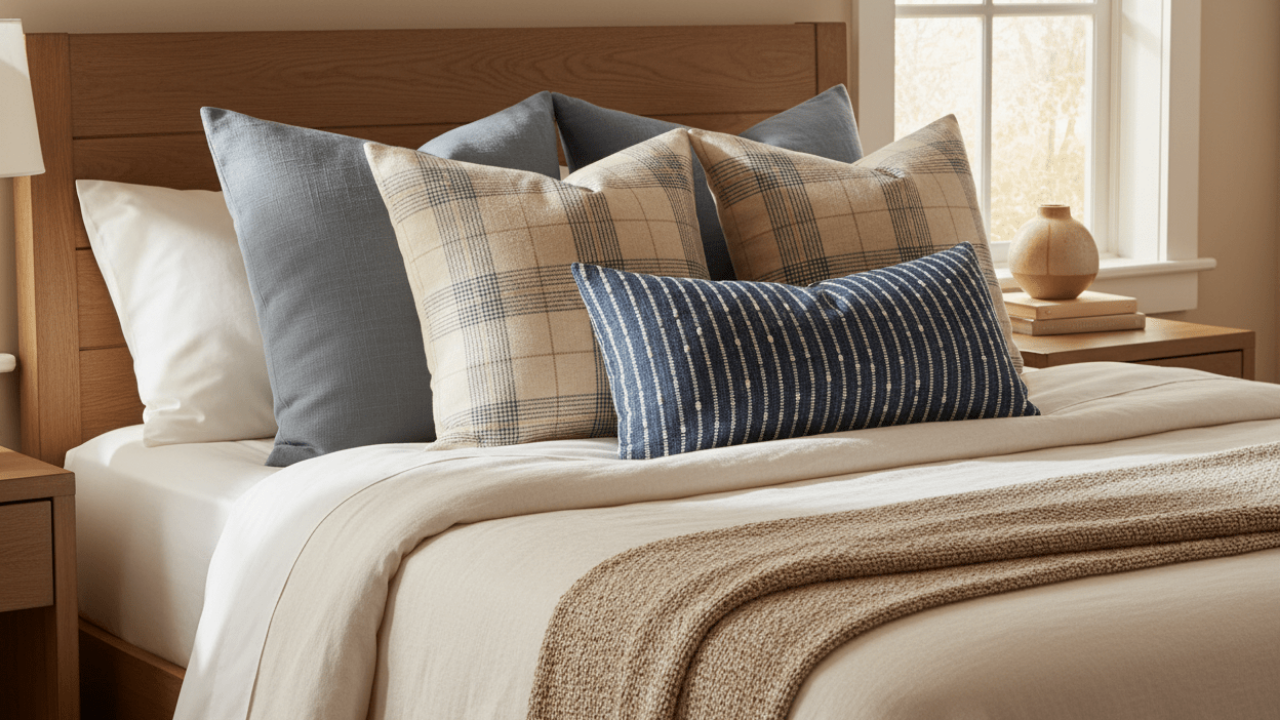 Handmade blue and neutral decorative accent pillows styled on a bed with premium home décor fabrics