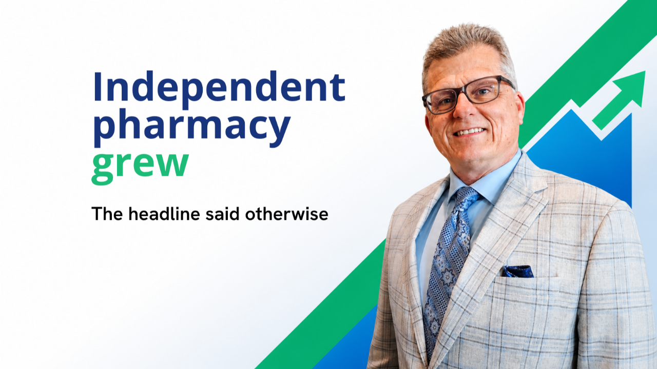 Text banner reading Independent Pharmacy Grew on a Pharmacy Breakthroughs branded background, for independent pharmacy owners