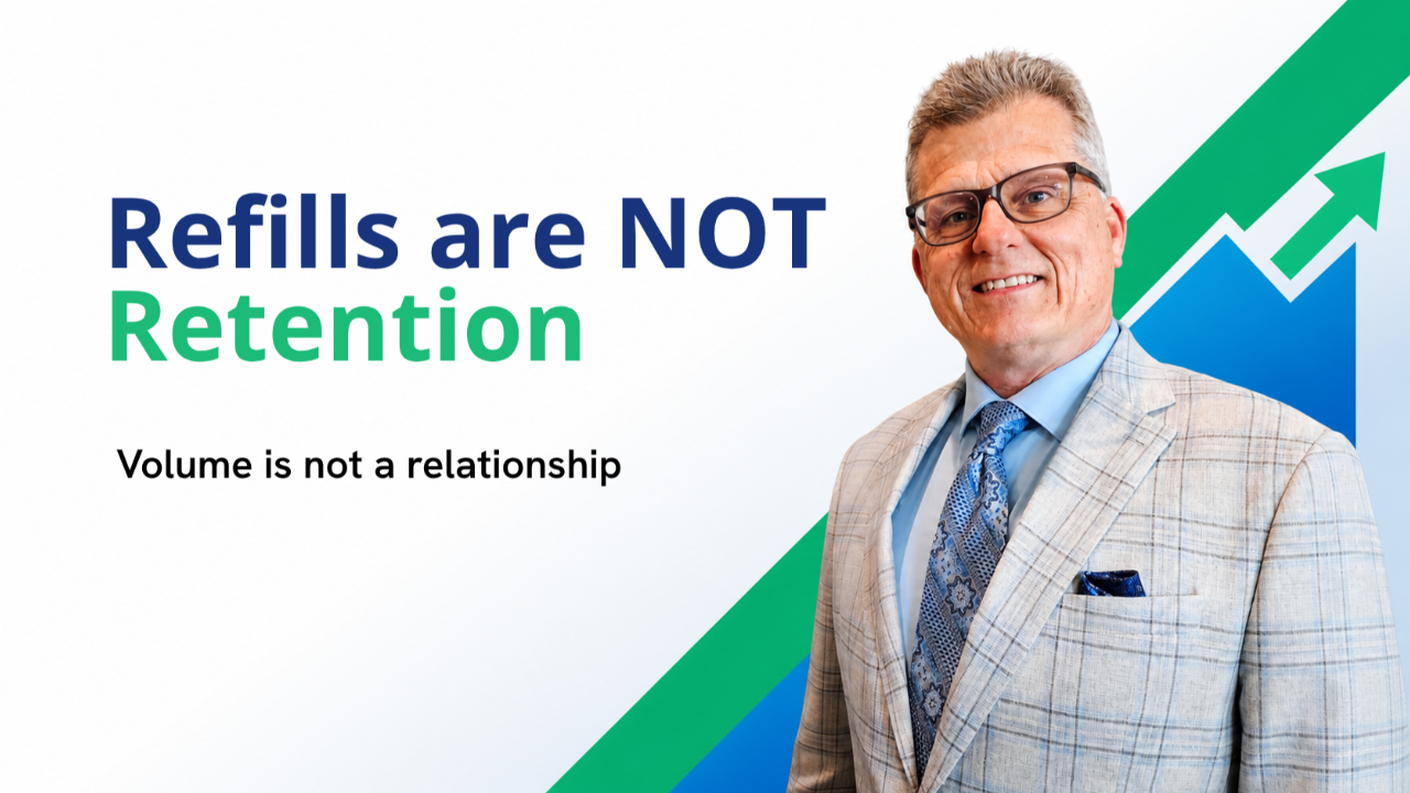 Text banner reading Refills Are Not Retention on a Pharmacy Breakthroughs branded background, for independent pharmacy owners