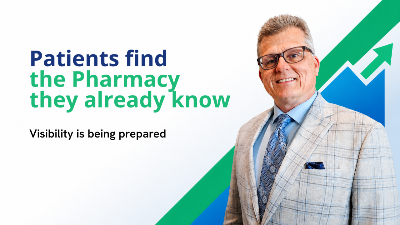 Text banner reading Patients Find Who They Already Know on a Pharmacy Breakthroughs branded background, for independent pharmacy owners