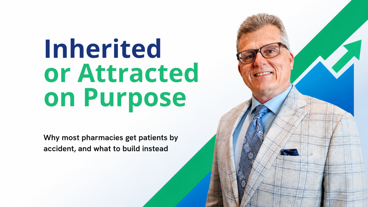 An independent pharmacy owner at the counter, illustrating the gap between inheriting patients by circumstance and attracting them by design