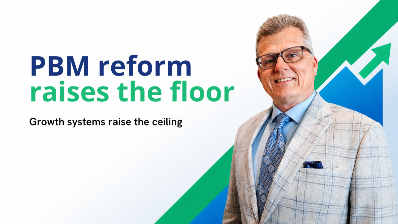 Text banner reading PBM Reform Raises the Floor on a Pharmacy Breakthroughs branded background, for independent pharmacy owners
