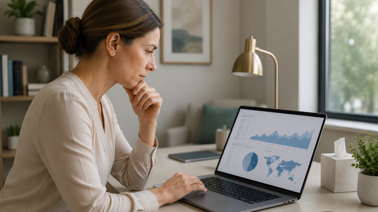 Therapist reviewing website analytics to improve conversions and generate more client inquiries.