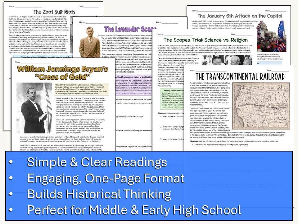 US History Worksheets for American middle school high school