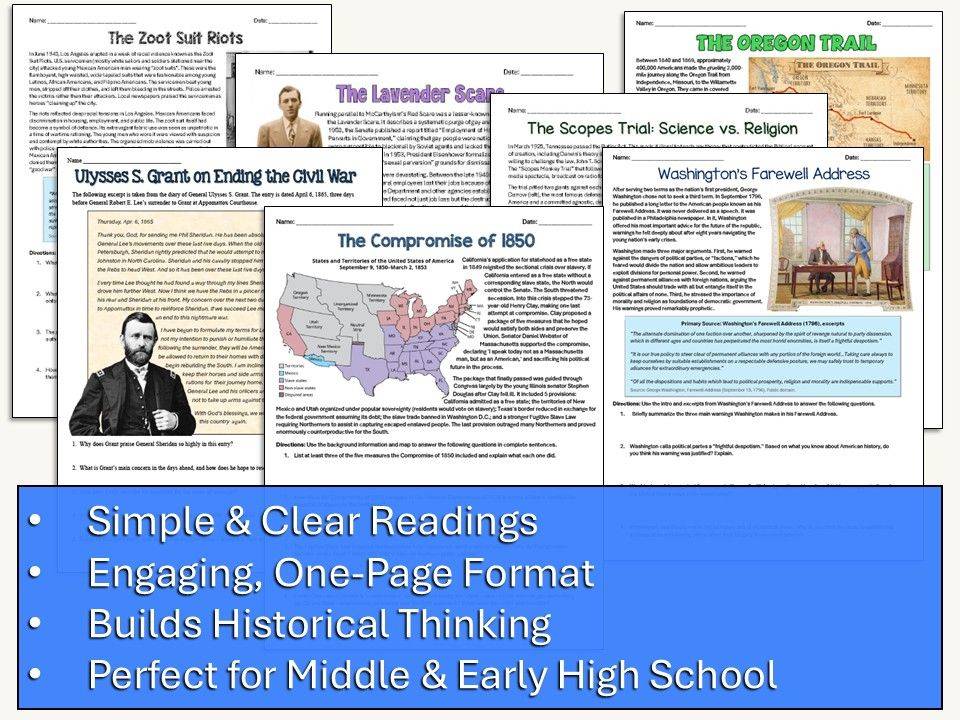 Free US History worksheets for middle school and high school