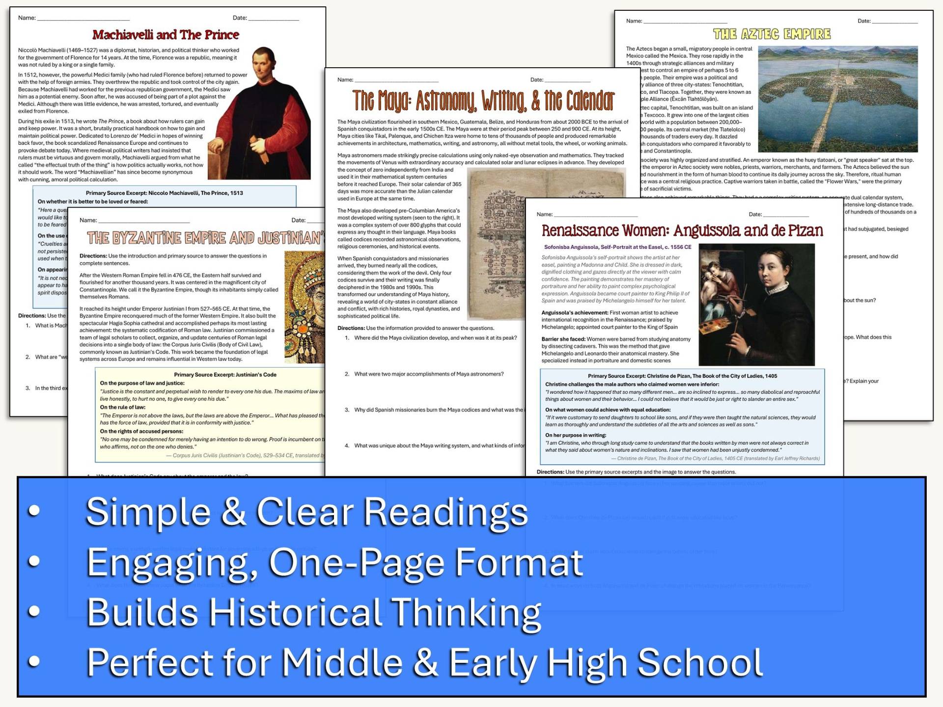 World History worksheets for middle school