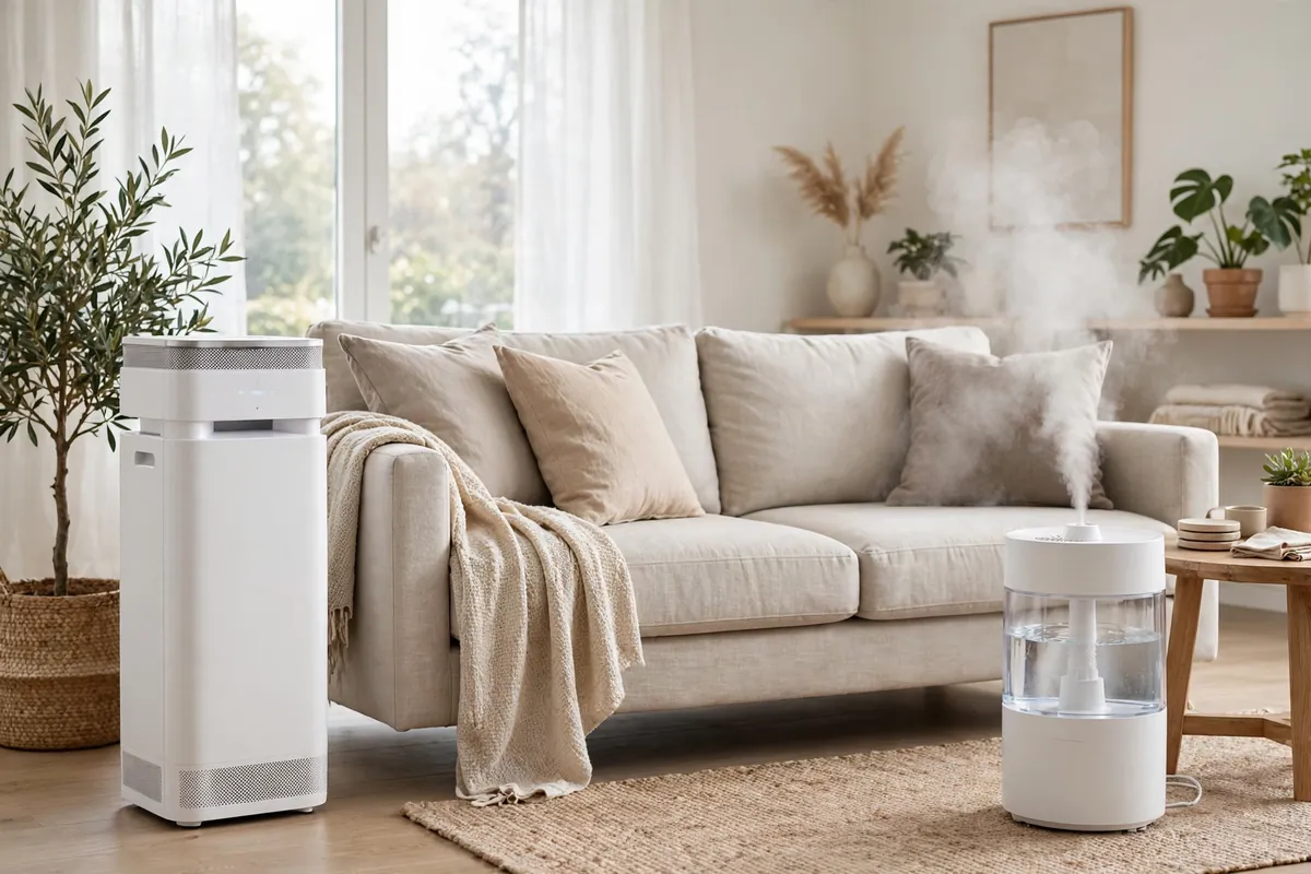 Air purifier and humidifier side by side in a living room, showing the difference between the two machines