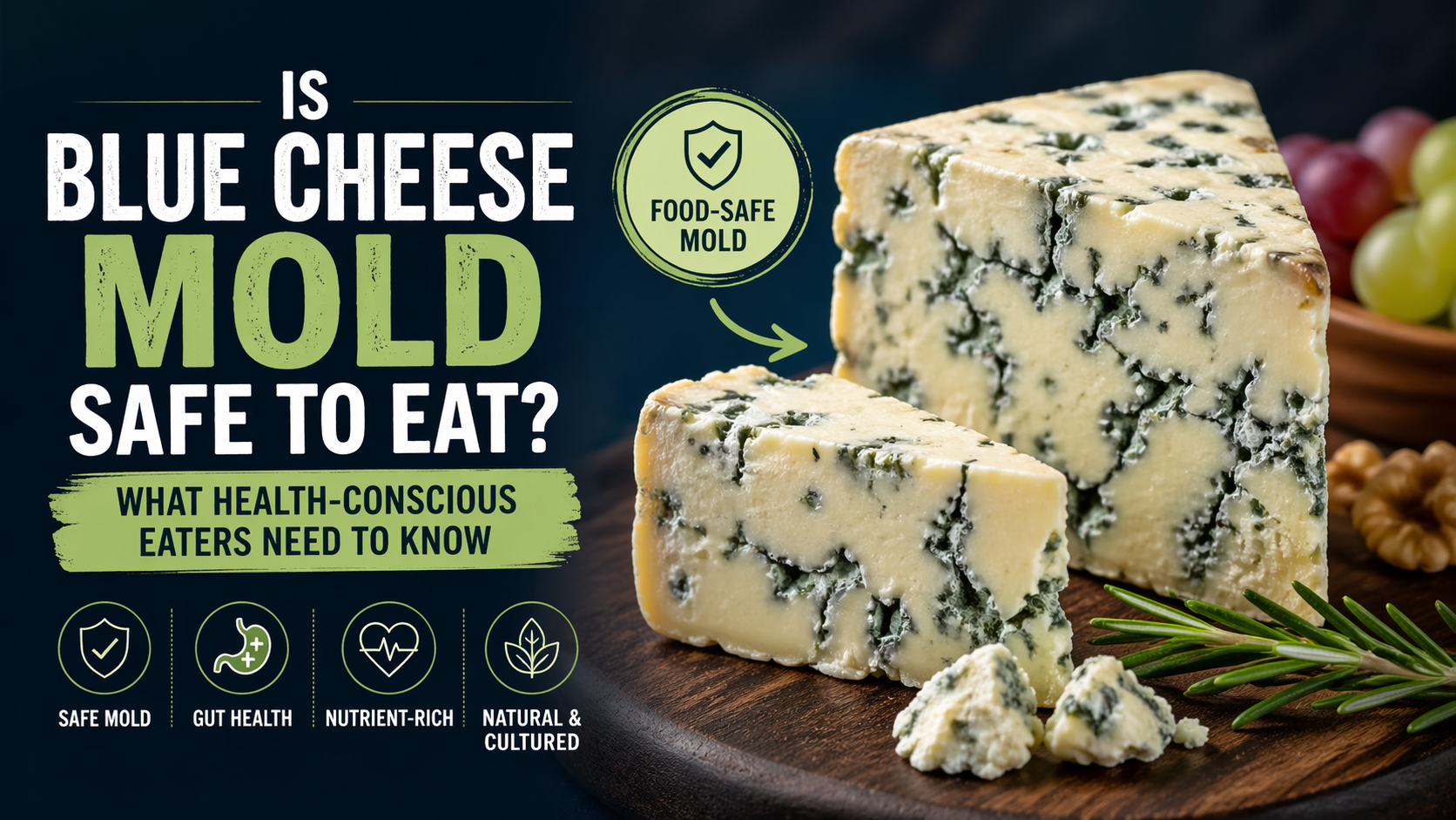 Blue cheese with visible mold and text about its safety to eat.