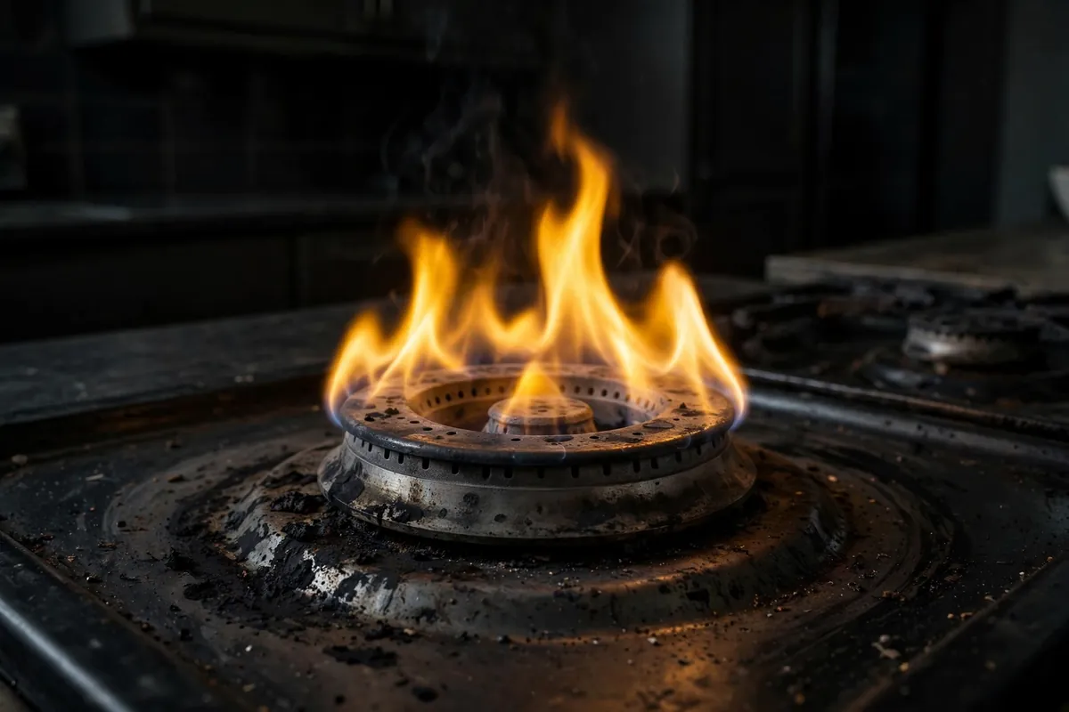 Gas stove burner with a lazy yellow-orange flame, a warning sign of carbon monoxide