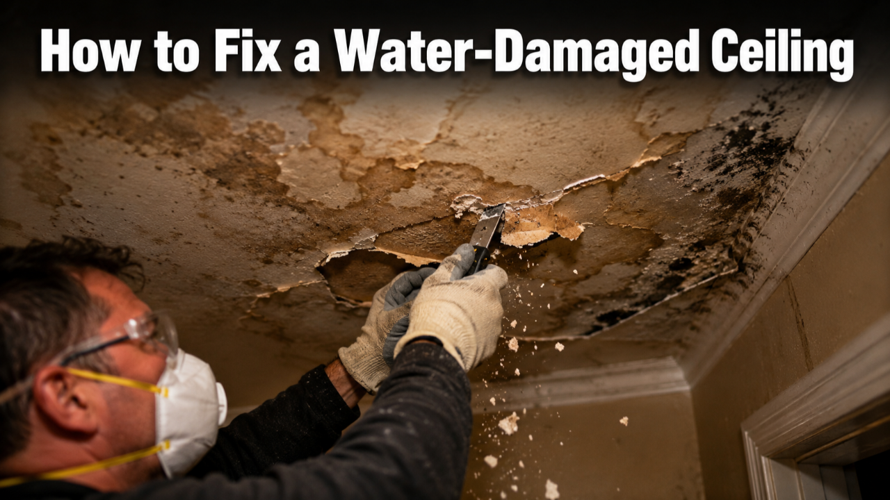 Worker repairing a sagging water-damaged ceiling with visible brown stains and mold.