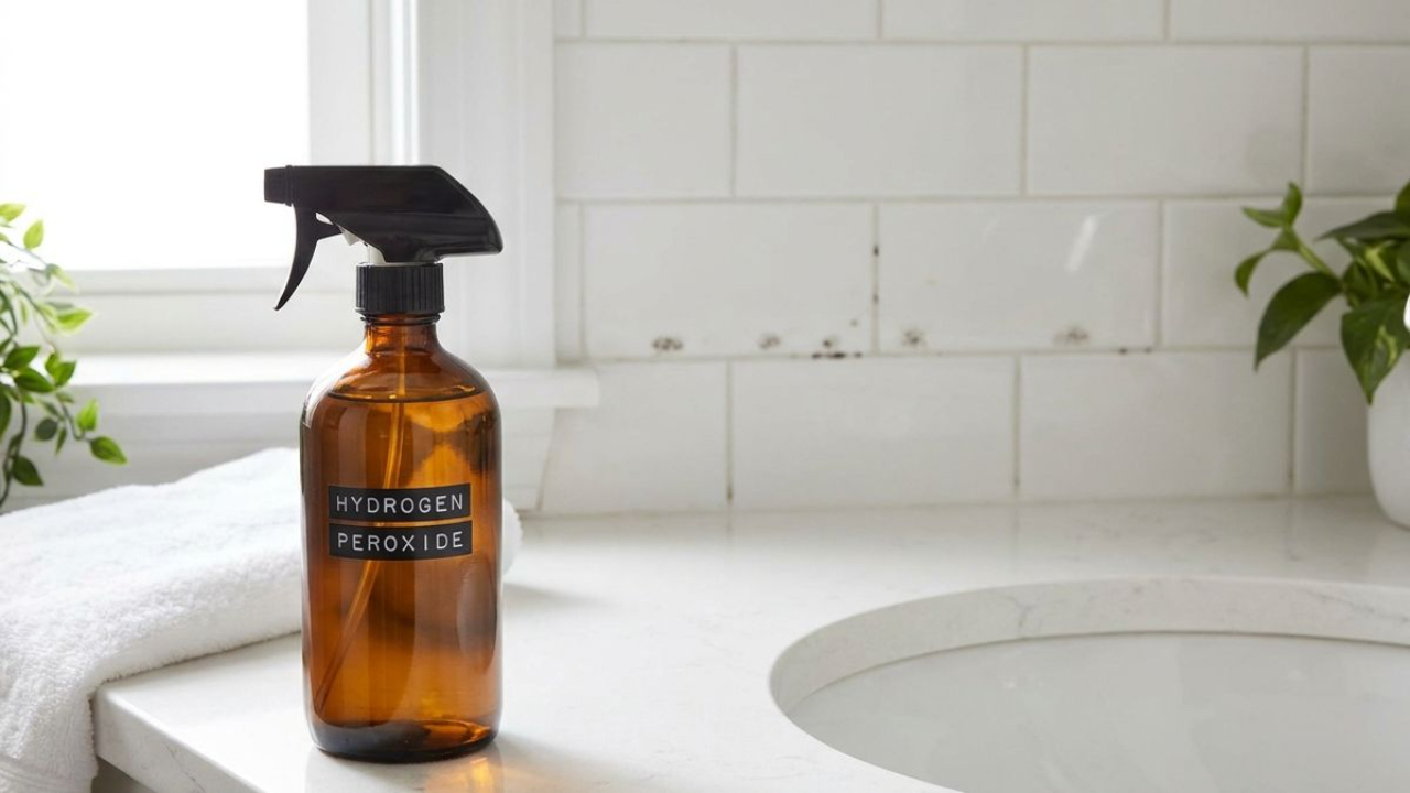 Hydrogen peroxide spray bottle near moldy bathroom grout
