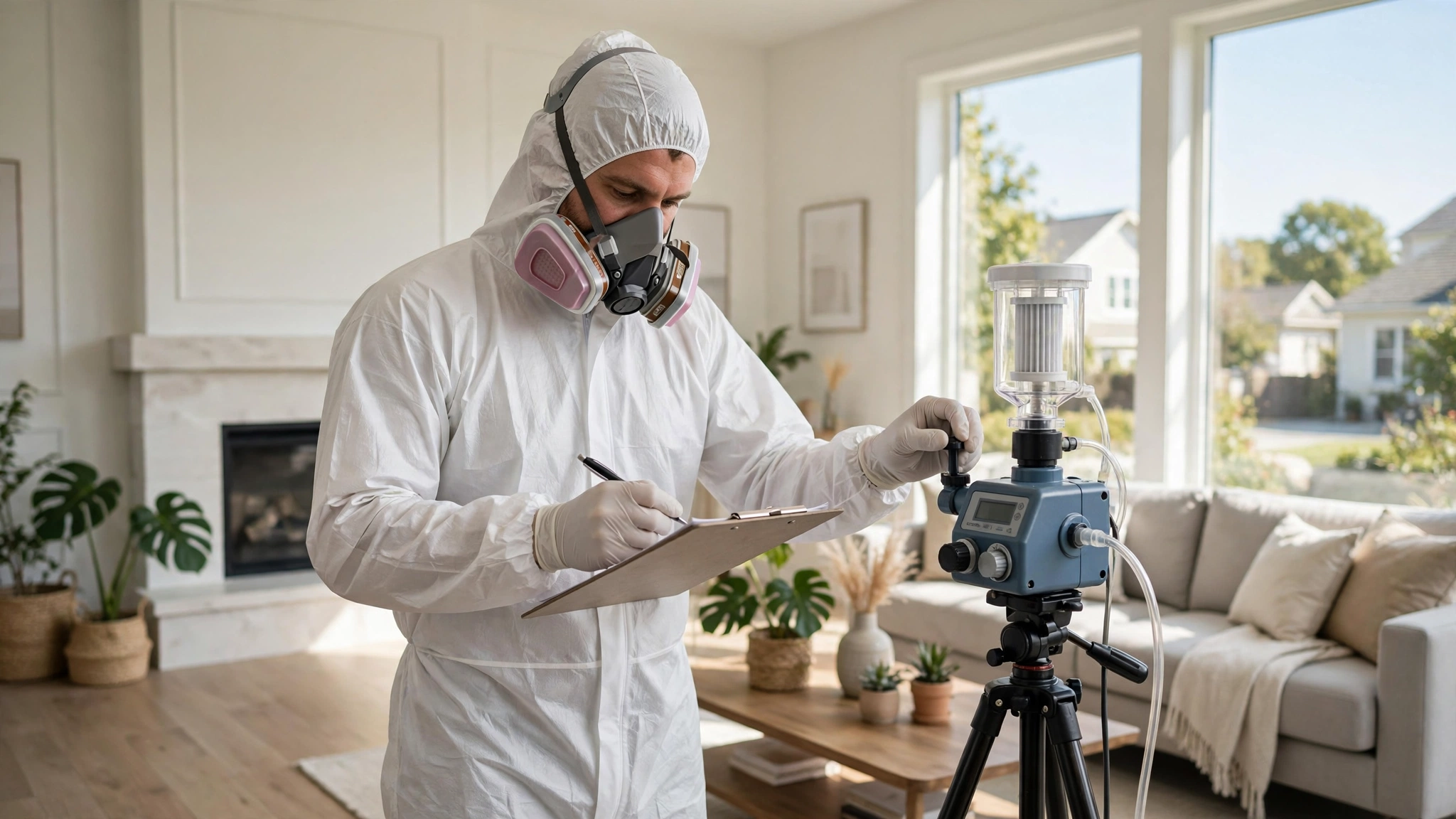 Professional mold inspector taking an air sample with a spore trap pump during mold testing in a home