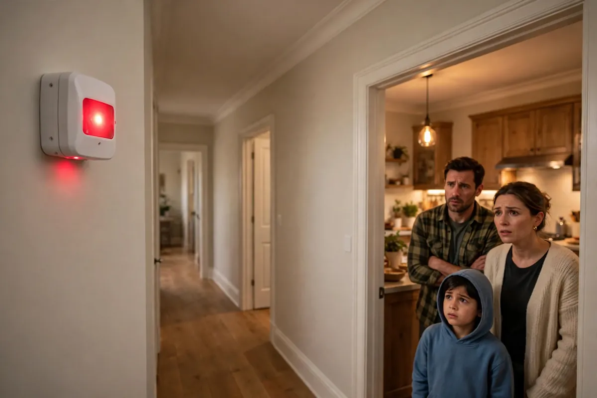Carbon monoxide detector with a red warning light as a family looks on, a key sign of carbon monoxide in the house