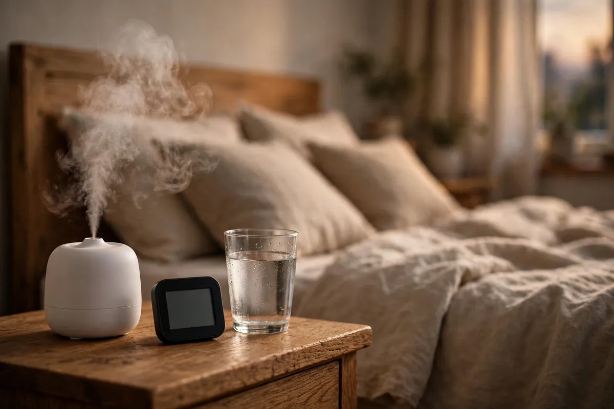 Humidifier releasing mist on a bedroom nightstand next to a hygrometer