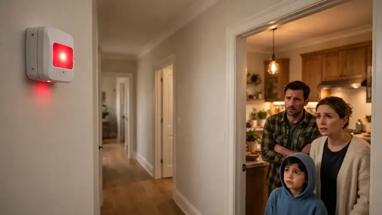 Carbon monoxide detector with a red warning light as a family looks on, a key sign of carbon monoxide in the house