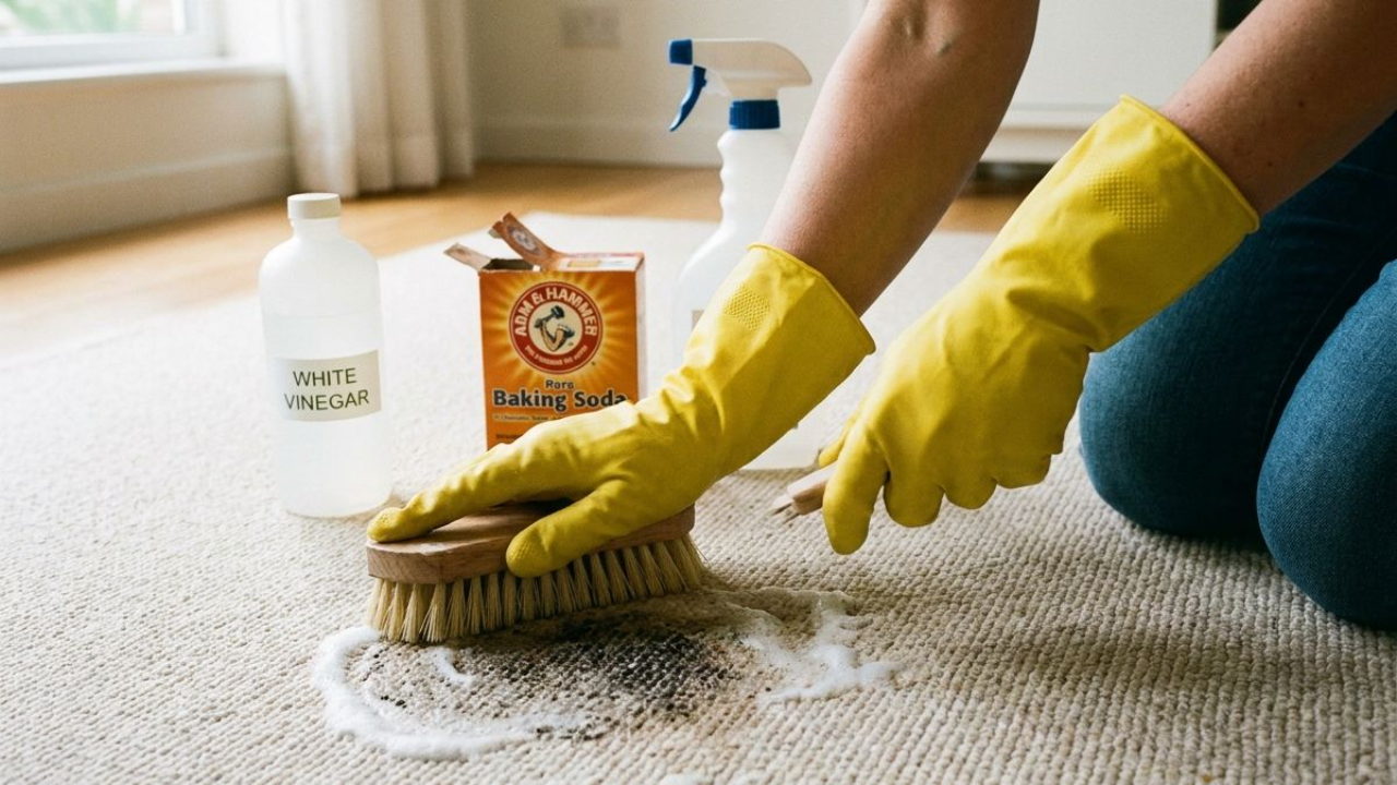 Person scrubbing carpet mold with a brush, baking soda and vinegar spray bottle nearby.