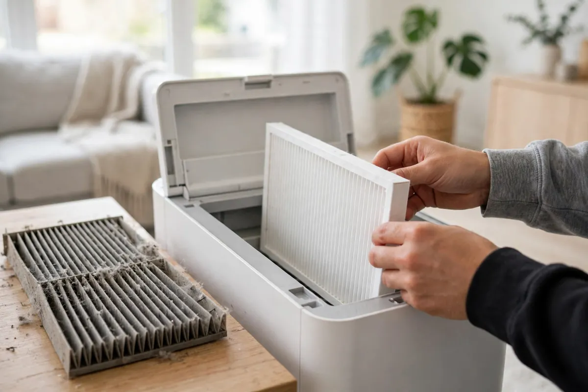 Hands replacing a HEPA filter in a home air purifier