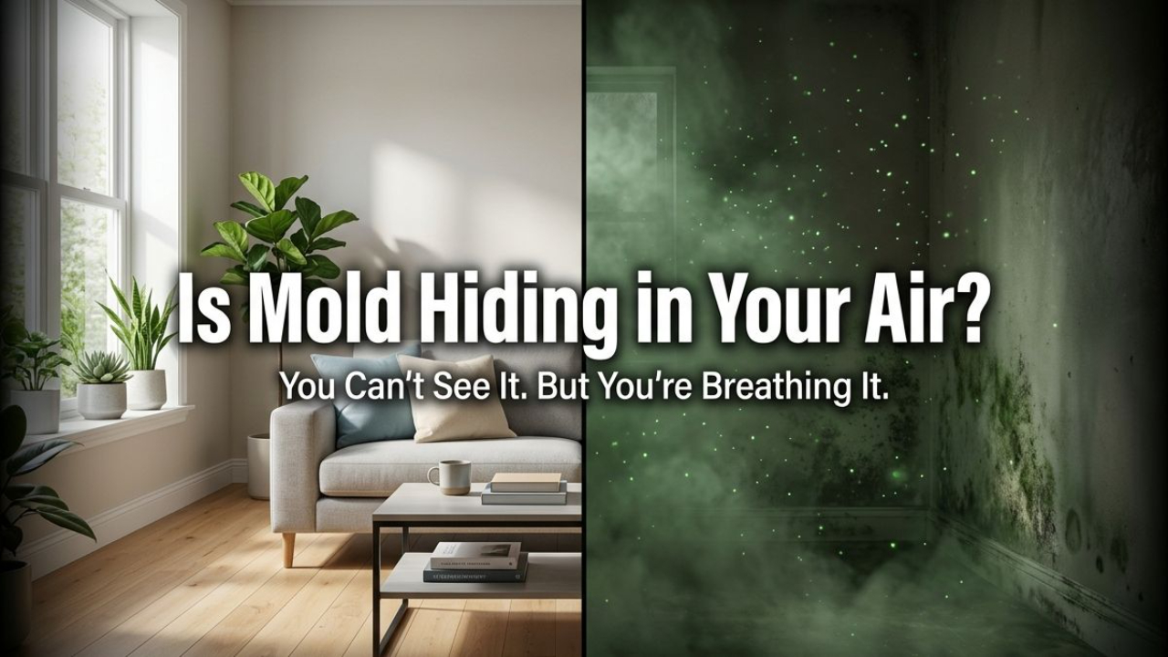 Mold spores floating in indoor air with warning text overlay.