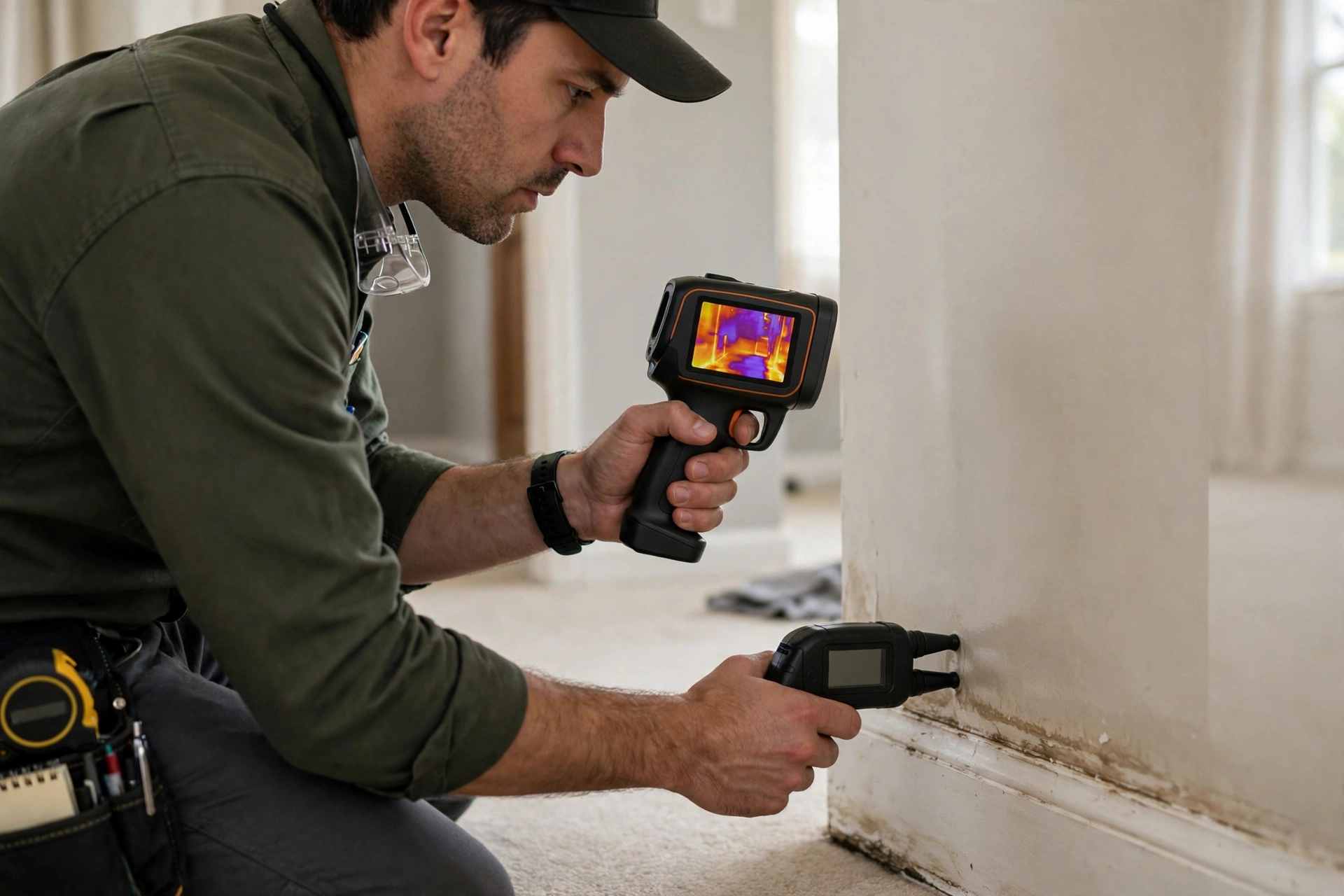 Inspector using a thermal imaging camera and moisture meter to check a wall for hidden moisture during a mold inspection in Atlanta