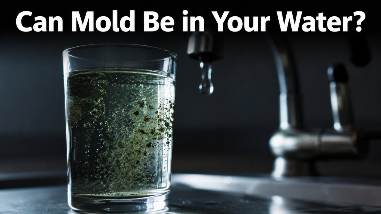 Mold spores visibly floating inside a glass of tap water.