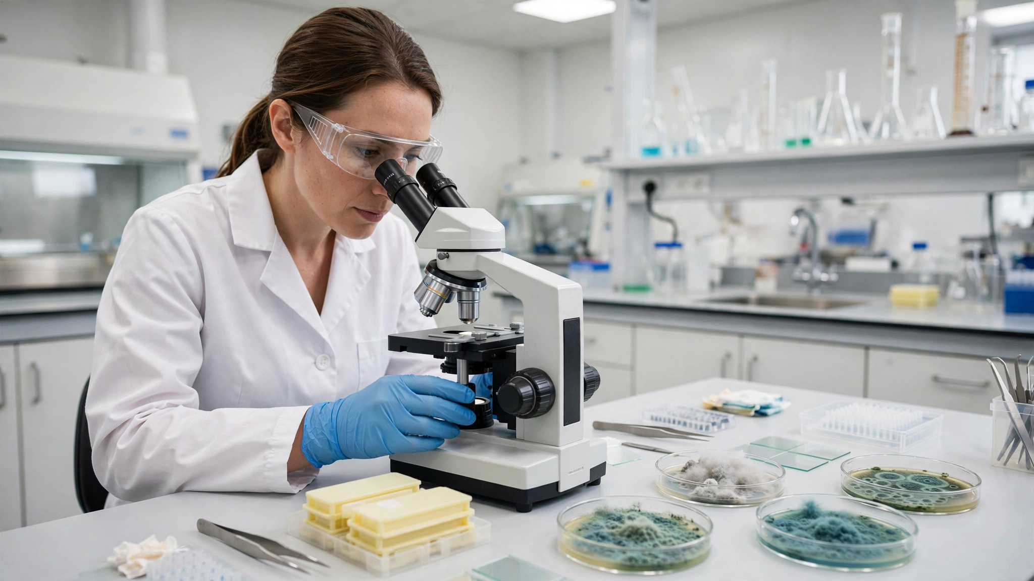 Laboratory technician analyzing mold samples under a microscope after professional mold testing