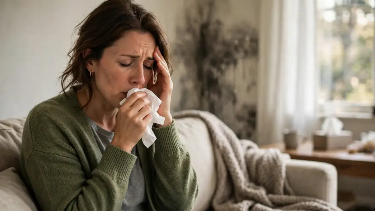 Woman experiencing black mold exposure symptoms, coughing with a headache at home
