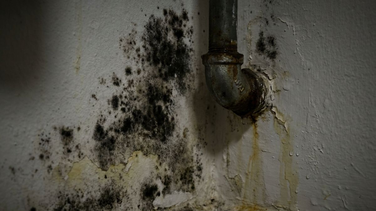 Black mold growing on bathroom wall near leaking pipe
