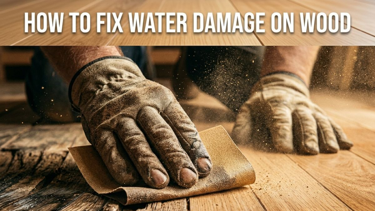 Hands sanding a water-damaged wood floor next to a restored gleaming hardwood section.