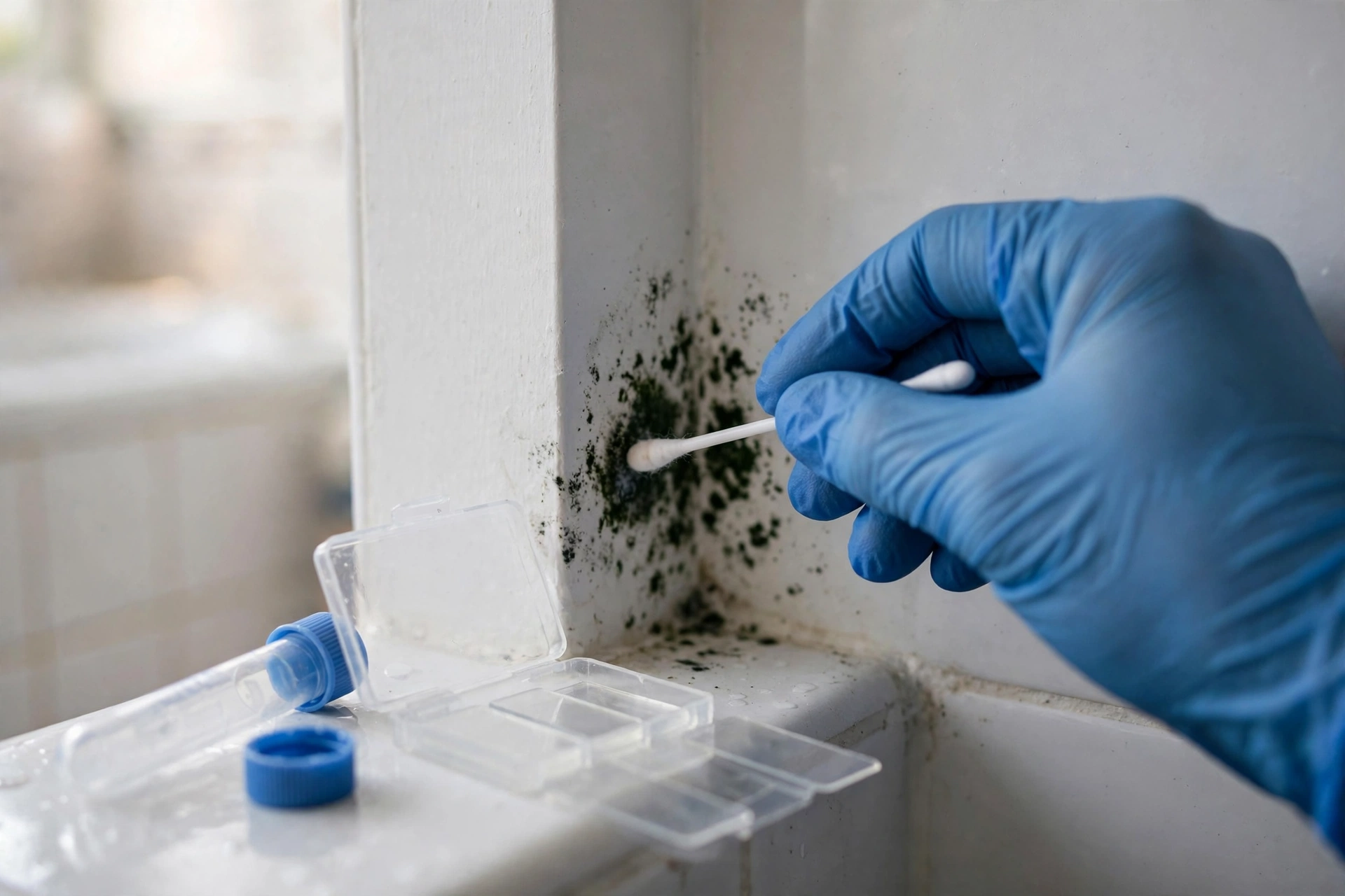 Inspector taking a surface swab sample from mold growth on a wall during mold testing