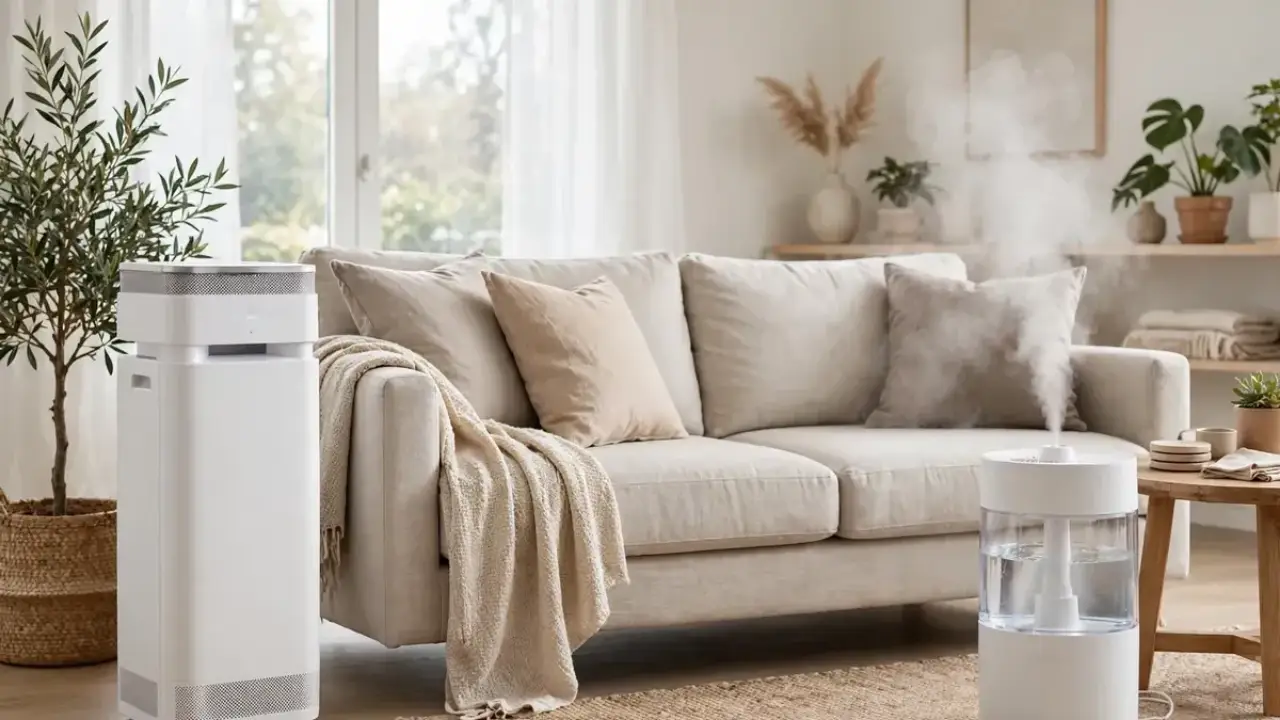 Air purifier and humidifier side by side in a living room, showing the difference between the two machines