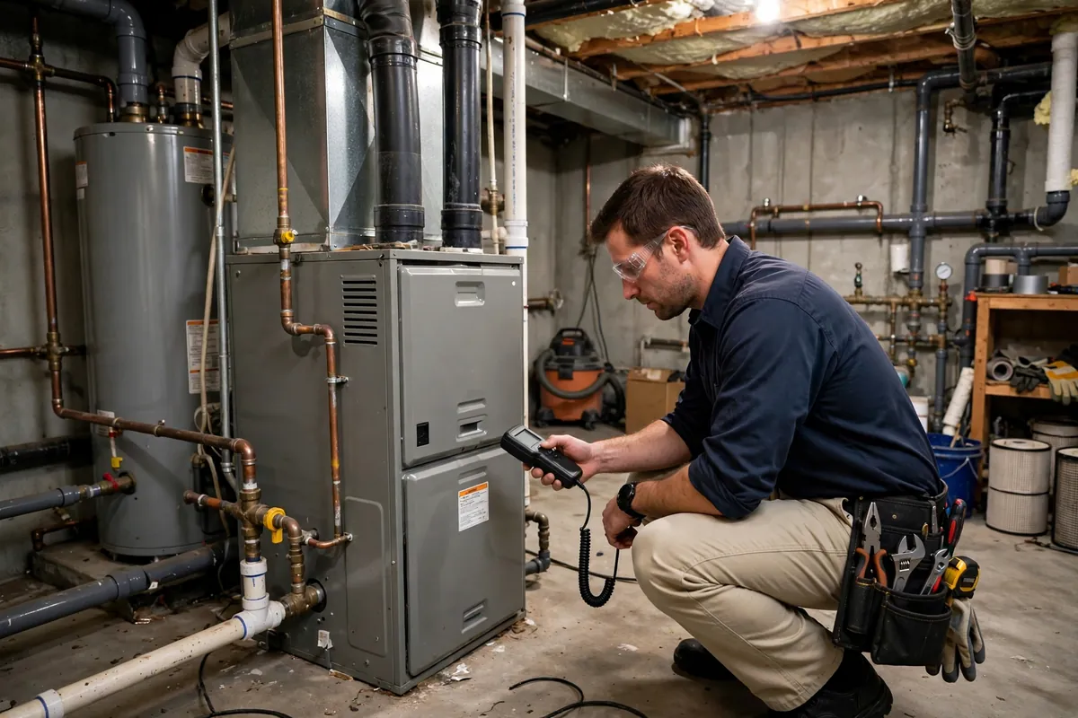 Technician inspecting a home furnace with a carbon monoxide detector during an indoor air quality inspection